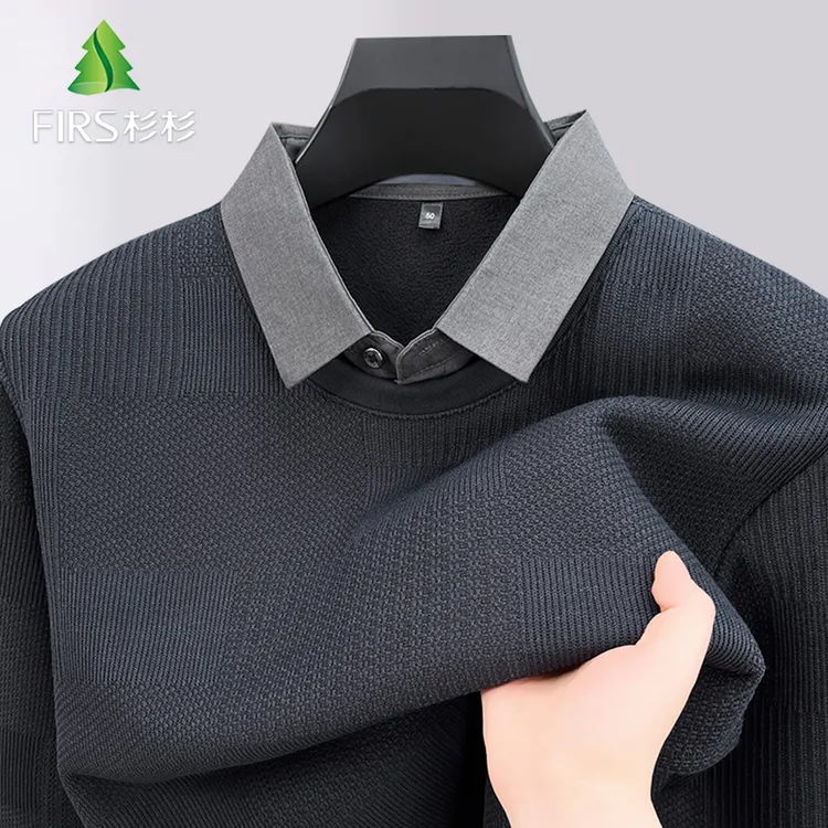 FIRS/杉杉【衬衫领针织衫】加绒加厚翻领针织衫打底假两件长袖上衣K