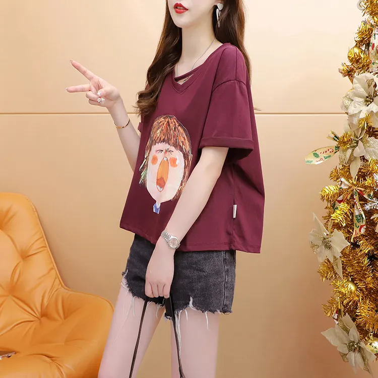 纯棉短袖t恤女夏季2023新款韩版宽松高腰短款小个子V领半袖上衣潮