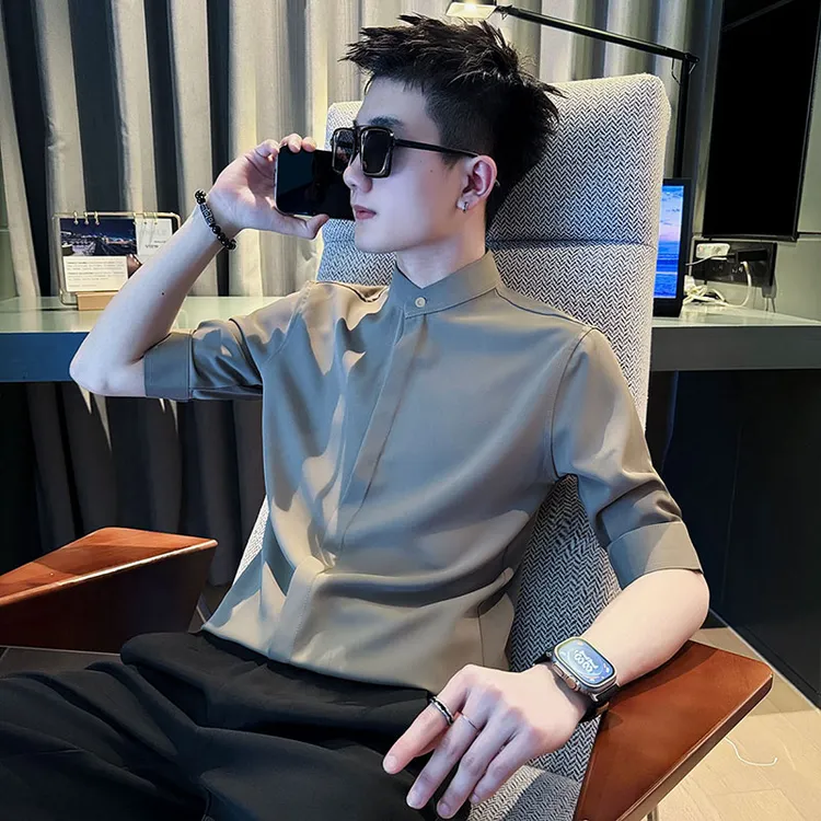 男士立领短袖衬衫潮流百搭冰丝寸衫2024新款夏季薄款痞帅休闲衬衣