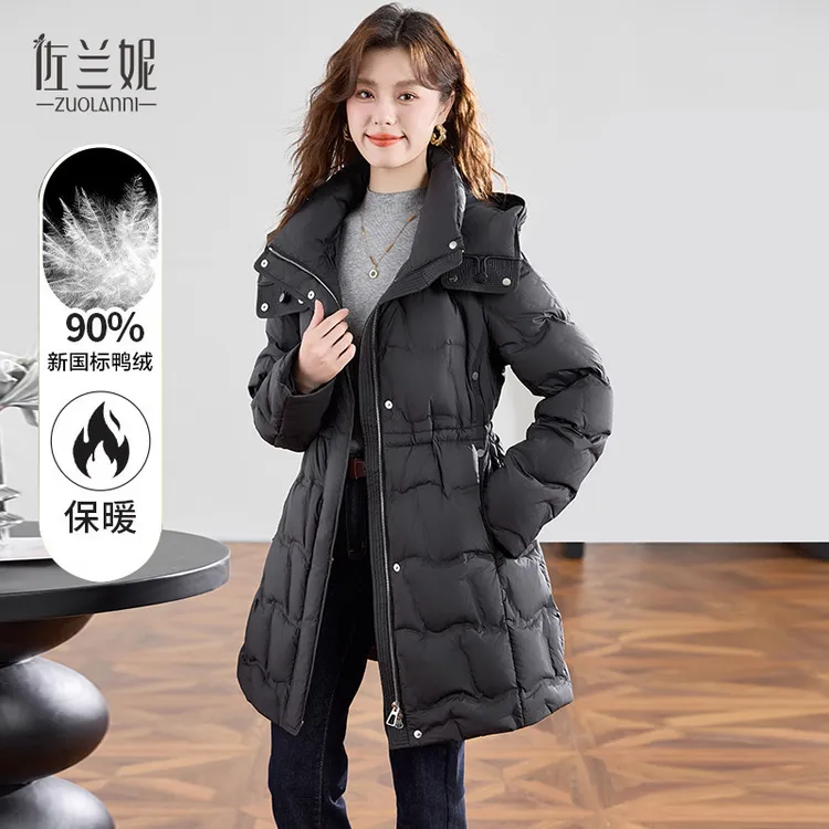 品牌黑色中长款羽绒服女冬季小个子2024年新款修身显瘦收腰高级感