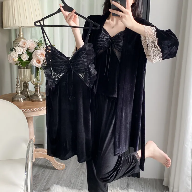 【蝴蝶全家福】秋冬丝绒带胸垫黑色蕾丝纯欲风冬季性感新款爆款睡衣