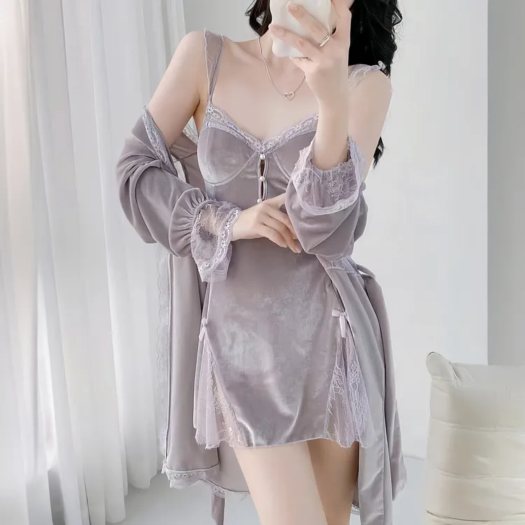 【气质佳人】秋冬金丝绒带胸垫包臀吊带蕾丝镂空美背纯欲风吊带睡衣