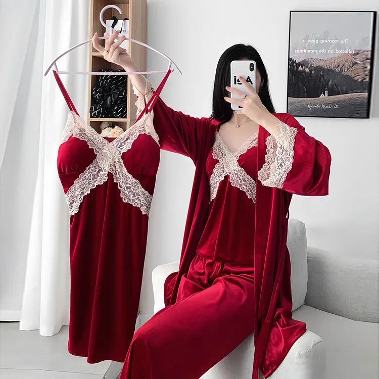 【芭蕾全家福】带胸垫新款吊带网红春秋丝绒长袖睡裙睡袍吊带睡裙
