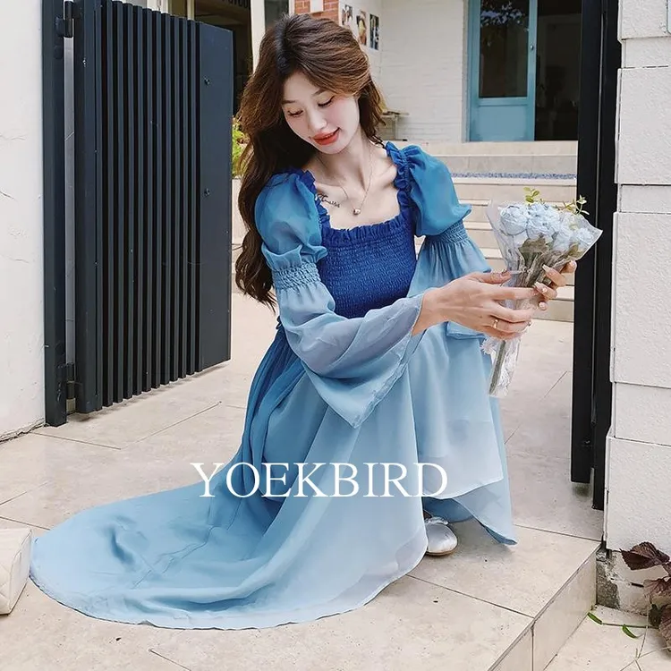 尤柯鸟超好看蓝色渐变方领连衣裙女秋季2025新款高级感厅里厅气绝