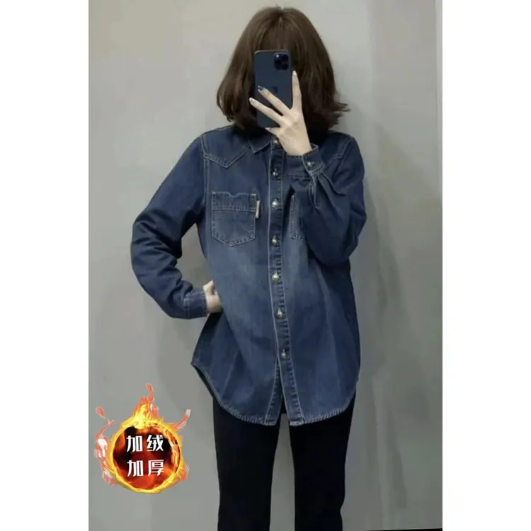 加绒加厚打底牛仔衬衫女秋冬新款设计感休闲复古长袖叠穿内搭上衣