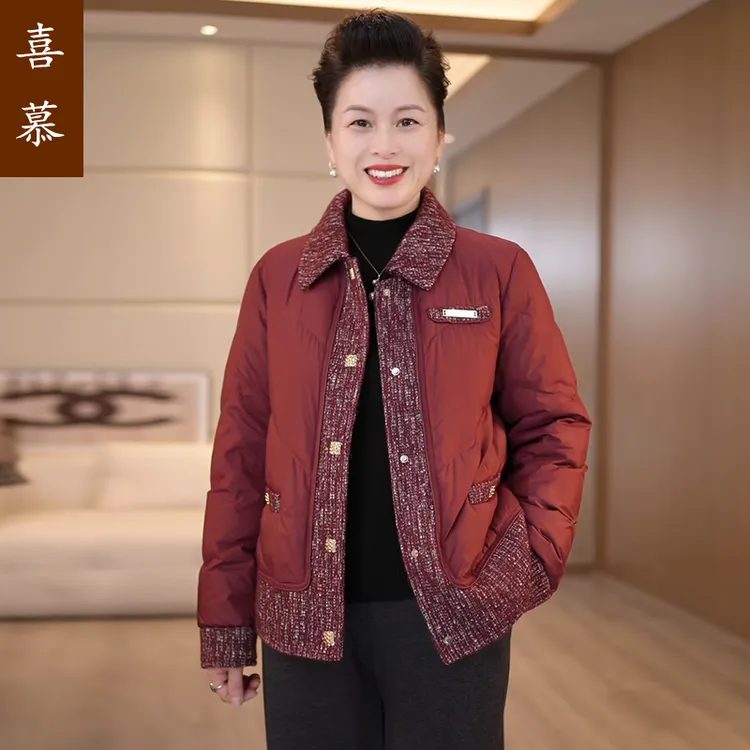 中年妈妈翻领加厚棉服冬装洋气60多岁小香风保暖上衣中老年人外套