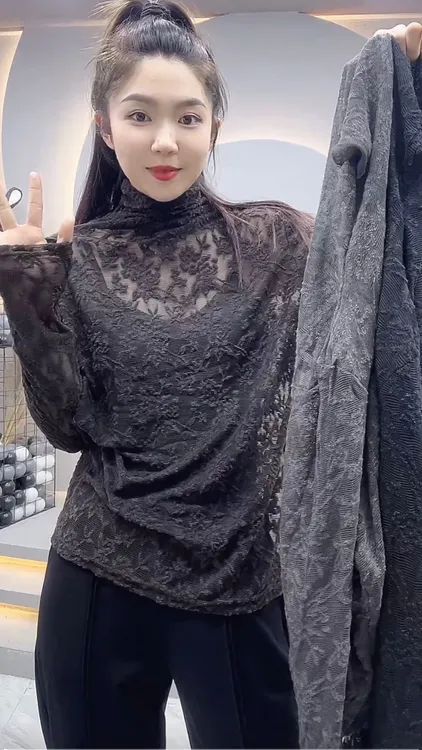 2025新款秋冬百搭爆款蕾丝衫长袖宽松内搭高领高弹力打底衫女