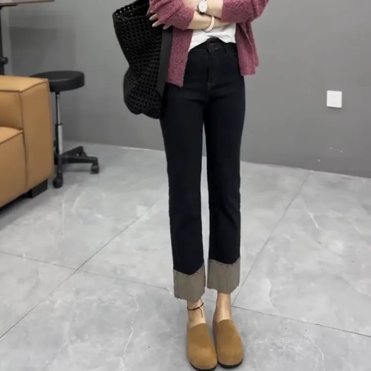 萱贝纯秋季新款女高腰直筒显瘦牛仔裤黑色时尚休闲九分拼接烟管裤