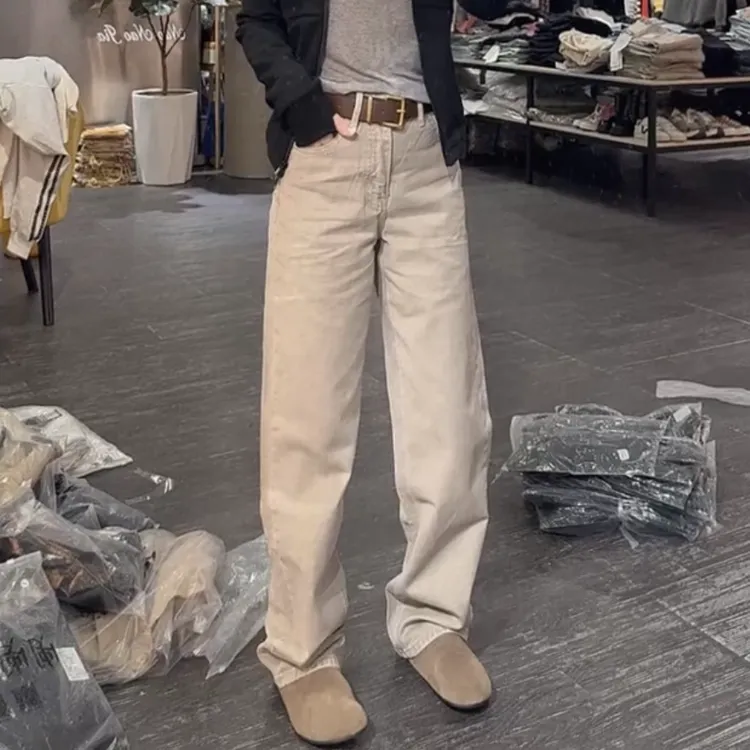 萱贝纯高腰显瘦直筒牛仔裤女春秋新款窄版弯刀裤时尚白带拖地长裤