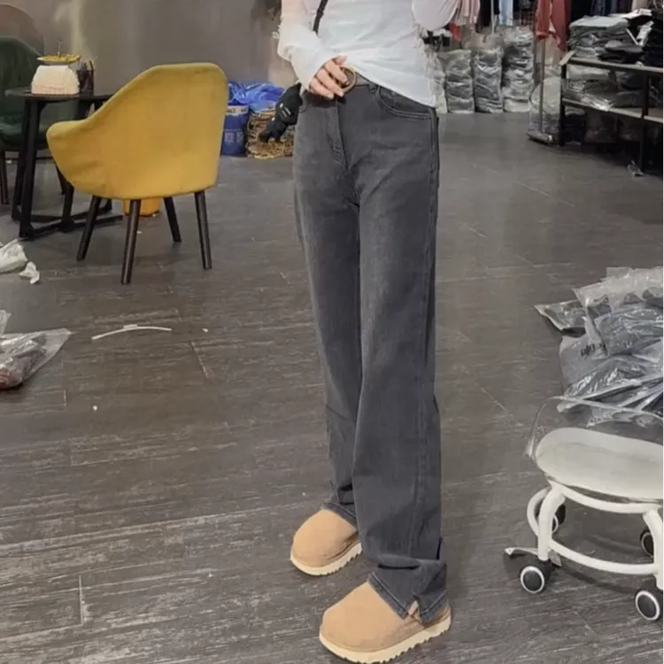 萱贝纯高腰显瘦直筒开叉牛仔裤女春秋新款复古百搭窄版拖地长裤子
