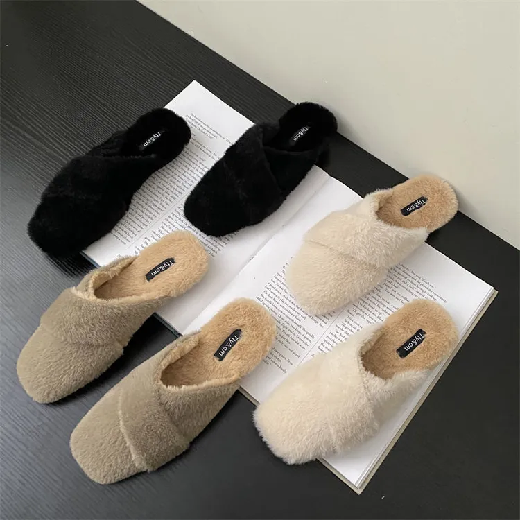 包头半拖鞋女外穿加绒保暖棉拖鞋2025秋冬新款粗跟懒人穆勒毛毛鞋