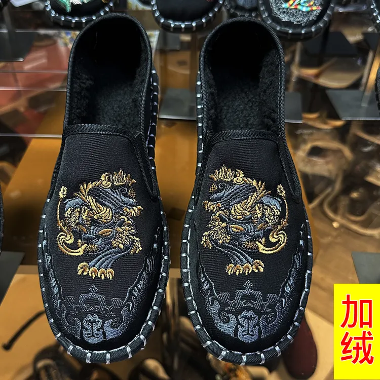 新款加绒老北京工艺布鞋二棉薄绒保暖鞋一脚蹬棉鞋舒适防滑休闲鞋