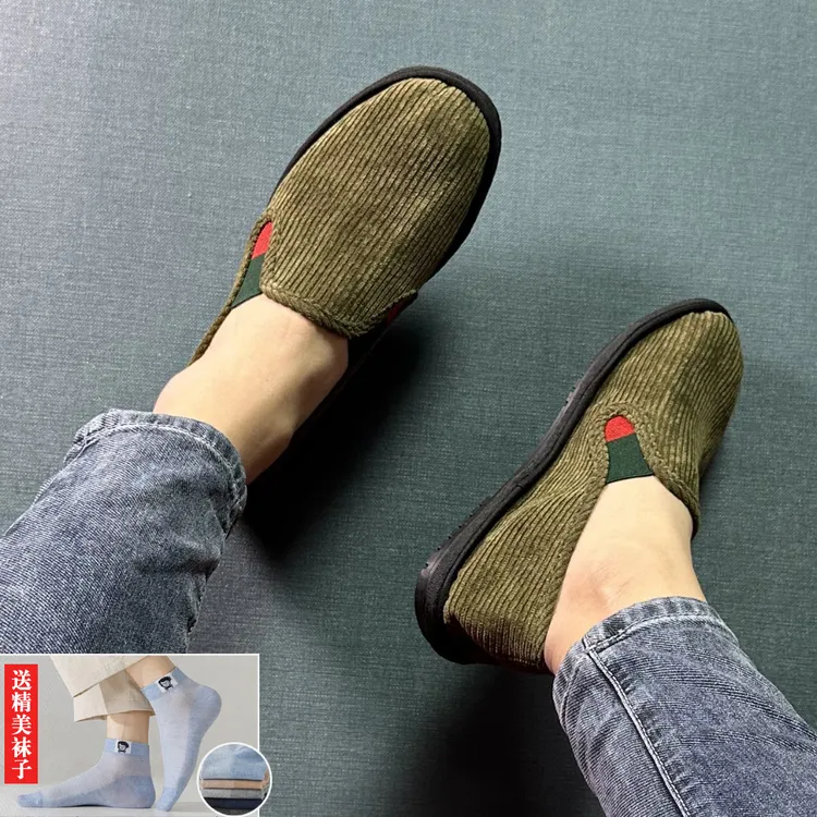 秋季新款老北京布鞋男鞋时尚灯芯绒开车布鞋一脚蹬舒适软底懒人鞋