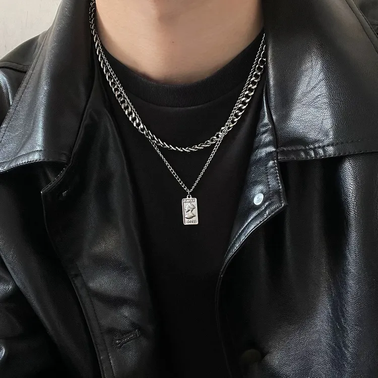 钛钢项链 美式复古双层铭牌项链男嘻哈潮酷叠戴情侣款毛衣链男女