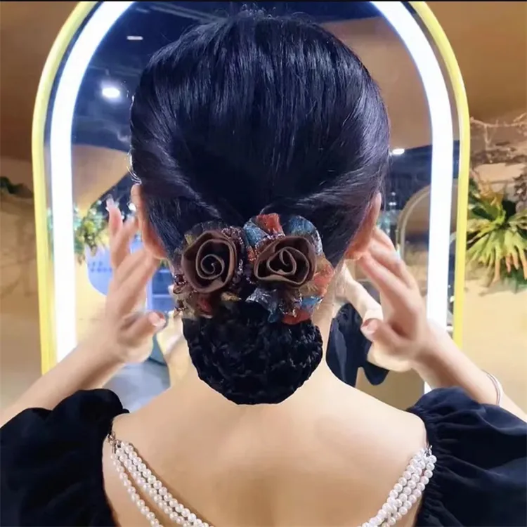 时尚妈妈头花高档玫瑰双花发网发夹马尾夹碎发神器气质发饰头饰