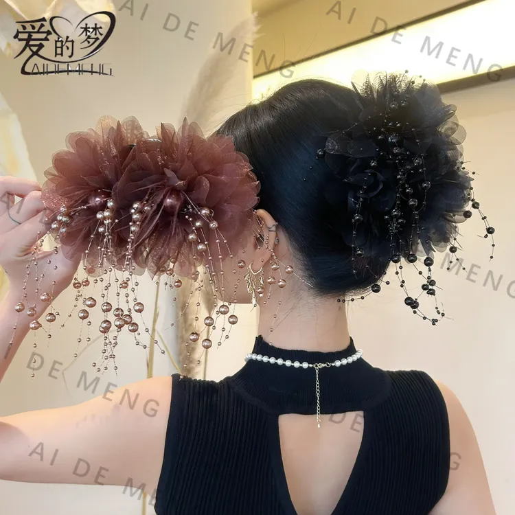 双牡丹流苏羽毛大花苞流苏抓夹显发量鲨鱼夹时尚发饰