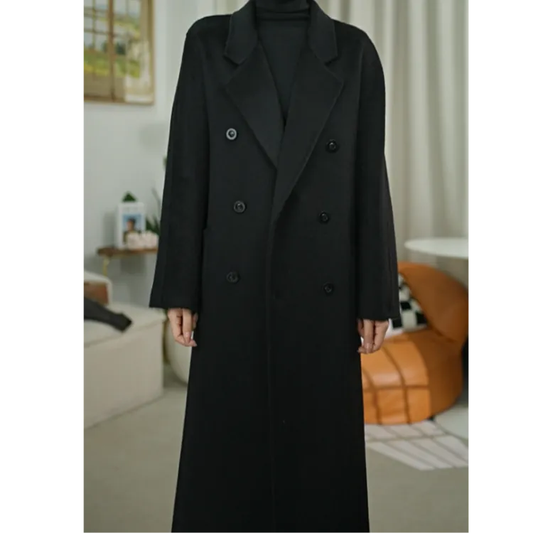 【严选】双面骆驼绒绵羊毛桑蚕丝长款大衣秋冬双排扣气质经典时尚