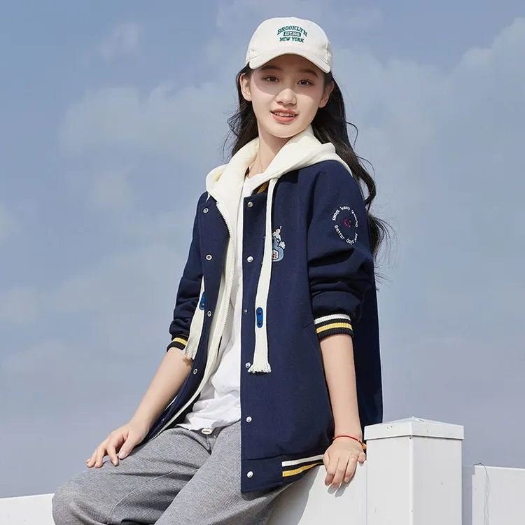 中学生外套女休闲时尚假两件套上衣少女秋装春秋女孩开衫棒球服