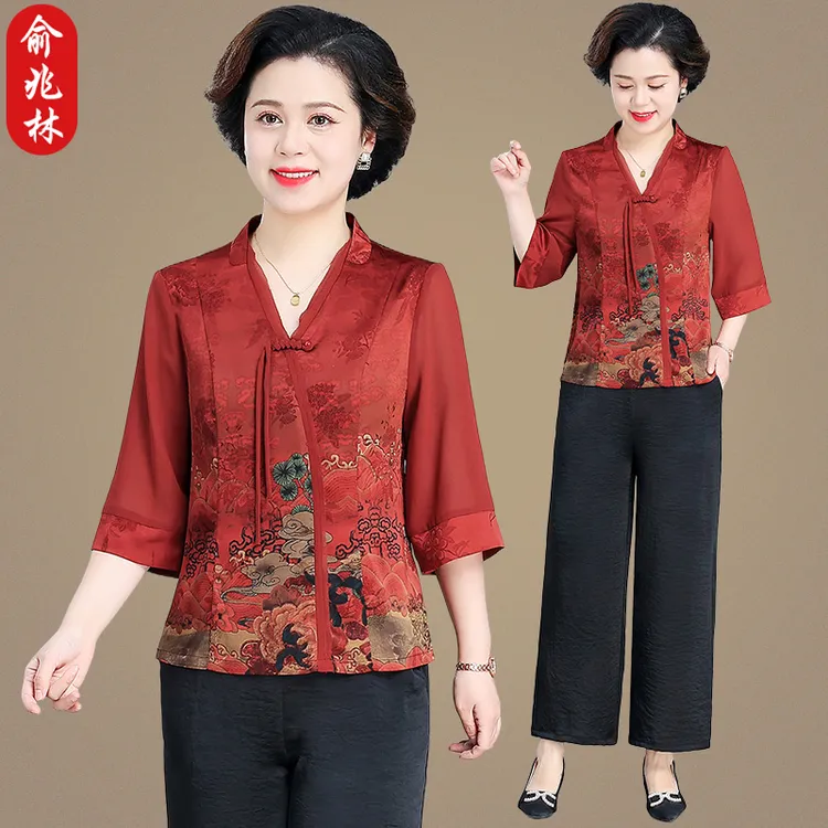 俞兆林中老年女夏季国风小衫时尚洋气套装中式妈妈上衣裤子两件套