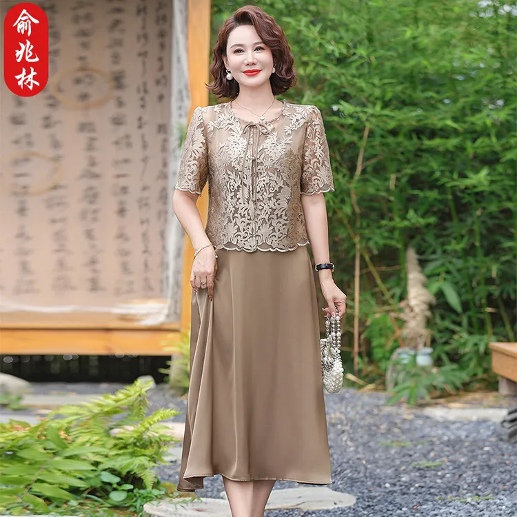 俞兆林中老年女夏装国风高贵洋气质妈妈装夏季短袖长裙子两件套