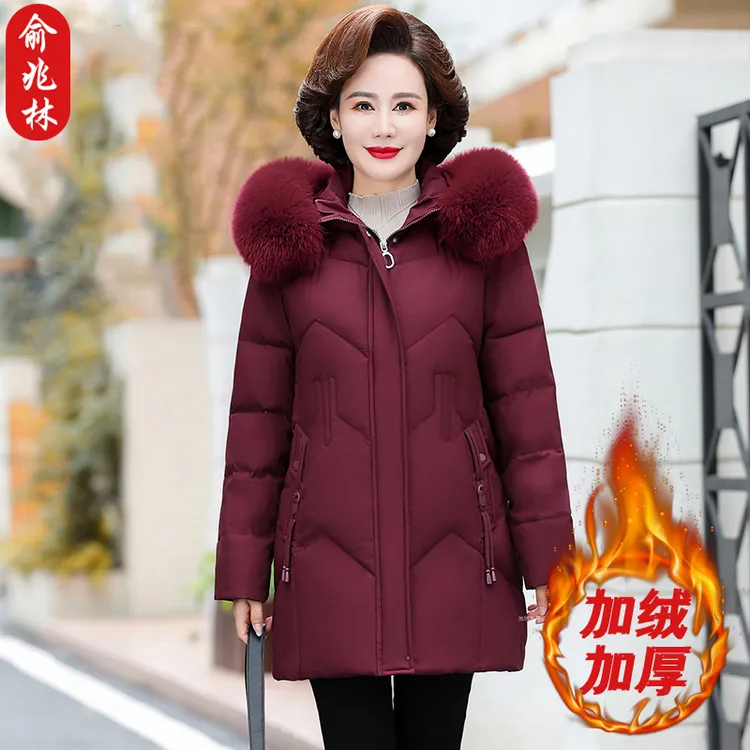 俞兆林妈妈冬装加绒加厚棉服中长款外套中老年女冬季保暖棉衣棉袄