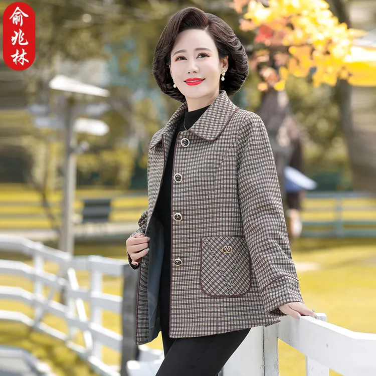 俞兆林妈妈春秋休闲外套2025新款中老年女春季格子上衣短款风衣服