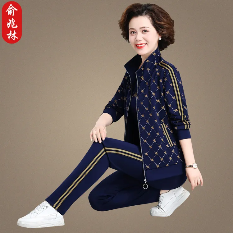 俞兆林妈妈春装运动服套装时尚减龄中老年春秋洋气外套大码三件套
