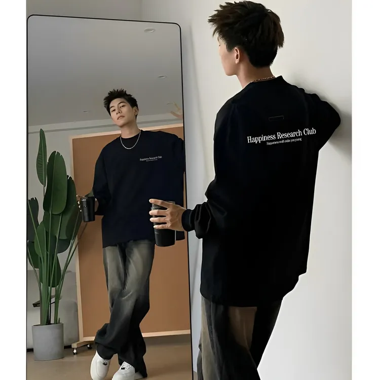 【重磅纯棉】秋冬新款情侣宽松圆领高街韩版大码美式潮流男长袖T恤