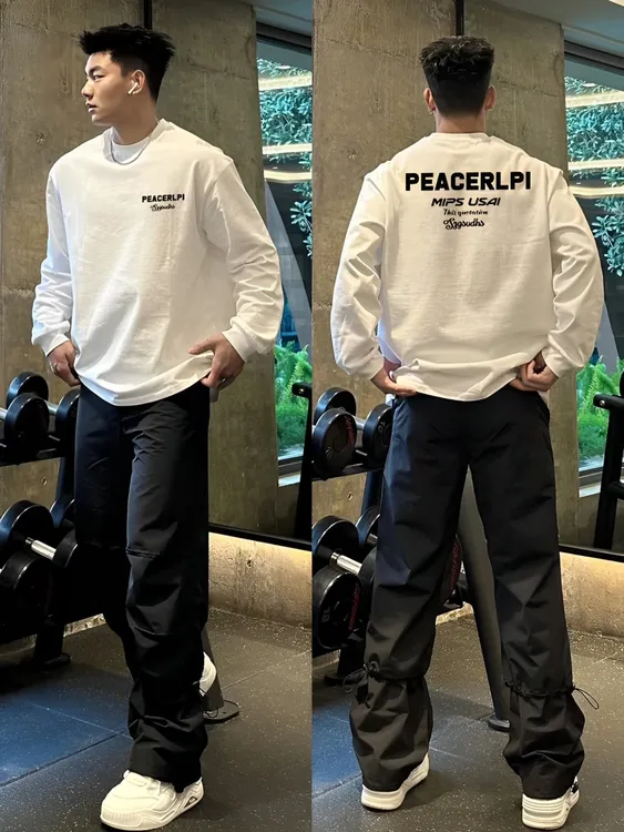 【重磅纯棉】春秋新款潮流休闲宽松美式大码高街百搭运动男长袖T恤