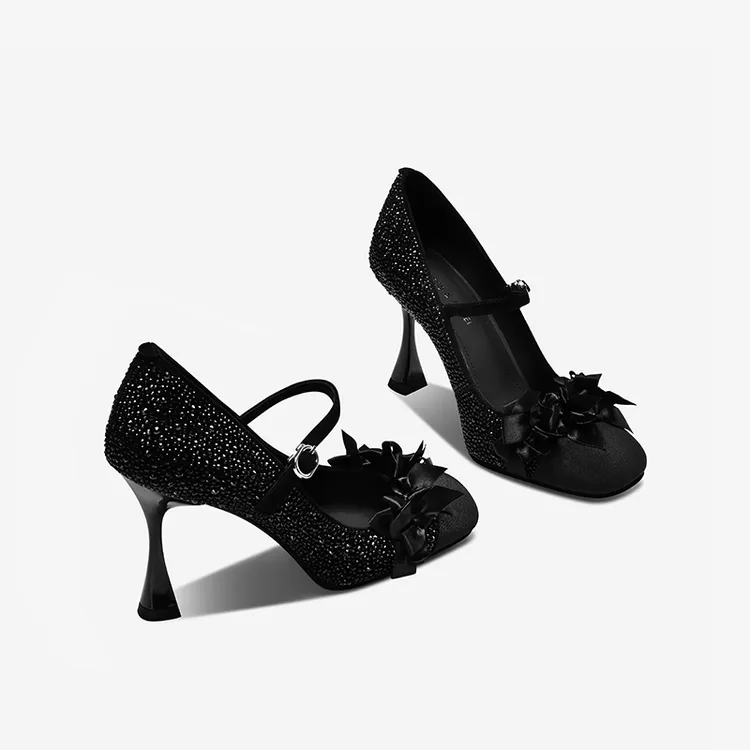 黑色细跟浅口高跟鞋2025春秋气质时尚法式方头水钻轻奢百搭高跟鞋