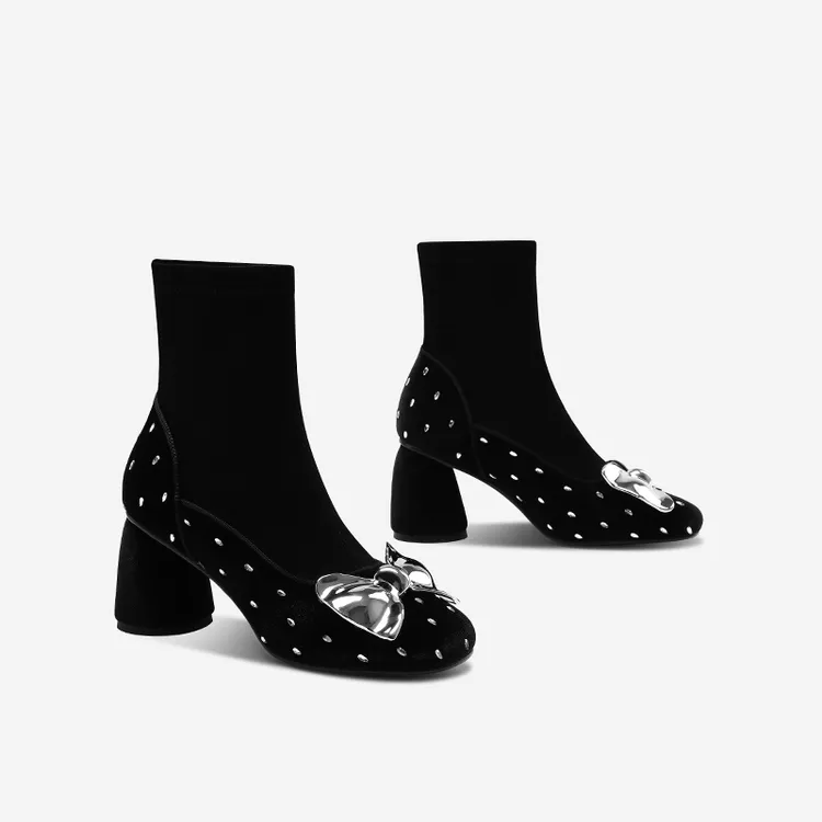 金丝绒黑色短靴女2025冬季新款袜靴蝴蝶结高跟靴子显瘦粗跟弹力靴