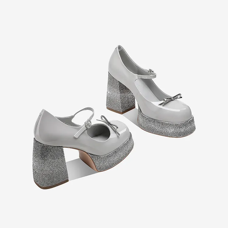 气质圆头粗跟玛丽珍鞋2025春秋时尚百搭厚底漆皮防水台浅口高跟鞋