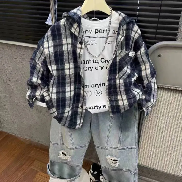 男童秋装儿童春秋款韩版潮流格子设计休闲中大童宽松衬衫连帽外套