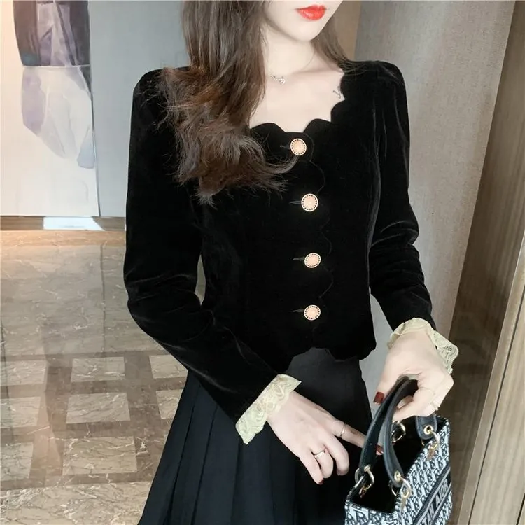 法式小香风秋冬外套女装高腰宫廷复古丝绒上衣设计感小众显瘦衬衫