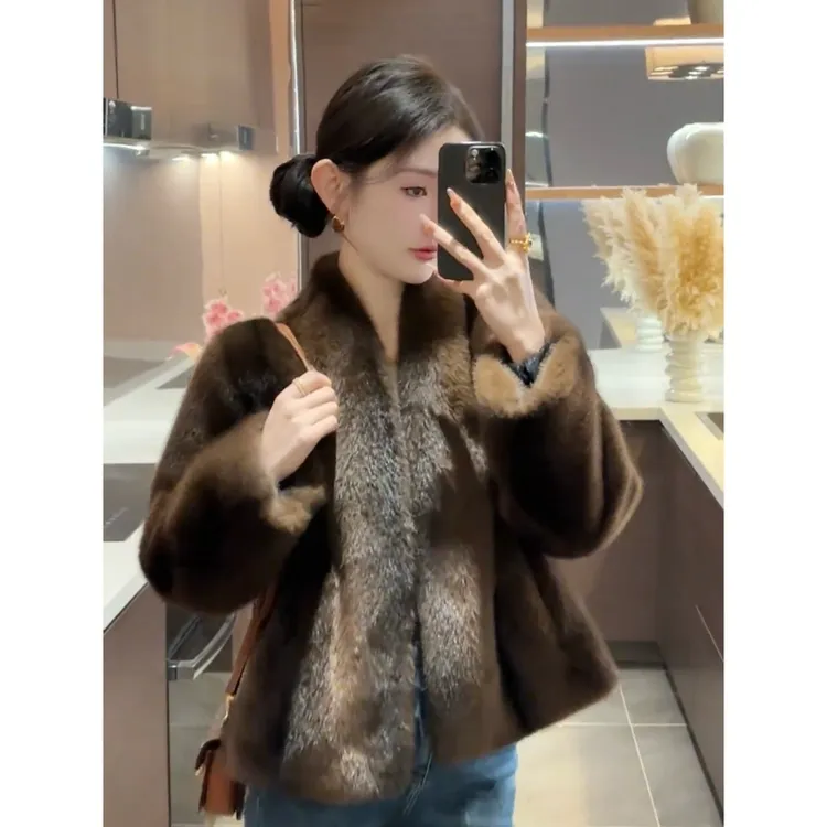 网红新款平替【周粥】高级感十字貂环保毛毛外套毛绒一体时尚气质