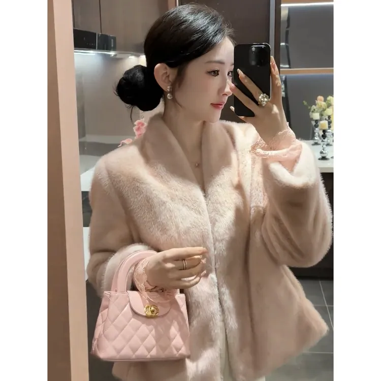 爆款【周粥】小富婆秋冬粉色十字貂环保毛毛外套温柔风气质百搭外套