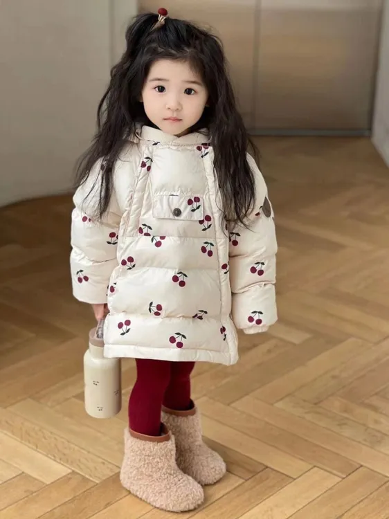 女童精灵帽棉服宝宝秋冬衣服外套加绒加厚2023婴儿连帽中长款印花