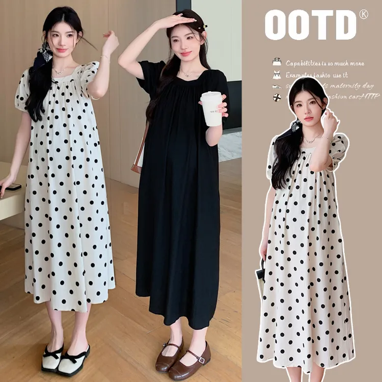 2026夏季新款波点孕妇装送腰带有口袋气质高级感复古中长连衣裙