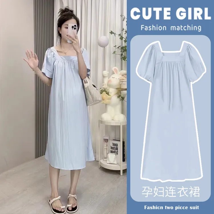 孕妇连衣裙夏季时尚2025新款孕妇裙子夏天泡泡袖薄款中长款裙潮妈