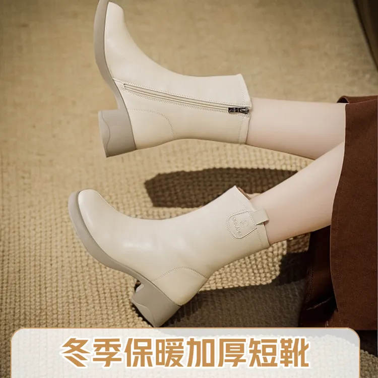 爆款洋气保暖搭子软底真皮百搭小短靴棉鞋女冬季加绒加厚瘦瘦靴