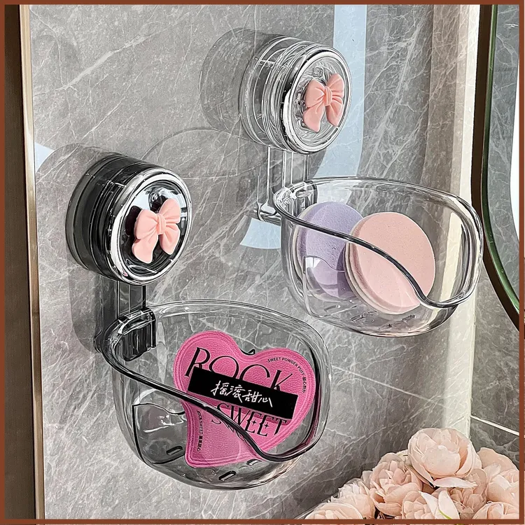 吸盘粉扑收纳盒免打孔化妆棉美妆蛋气垫收纳盒壁挂墙上沥水置物架