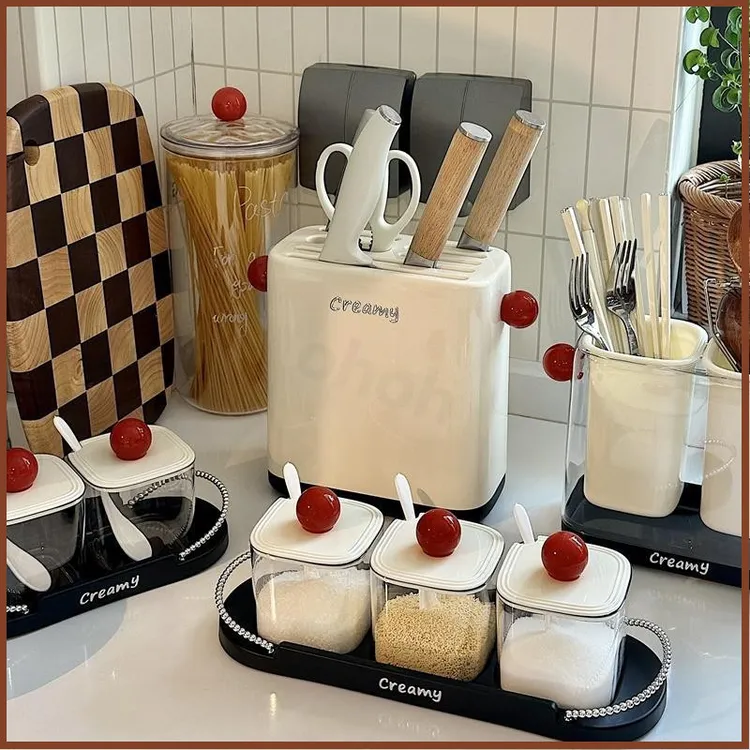 奶白色圆球调料盒调味罐厨房刀架菜刀架家用台面可沥水筷笼收纳盒