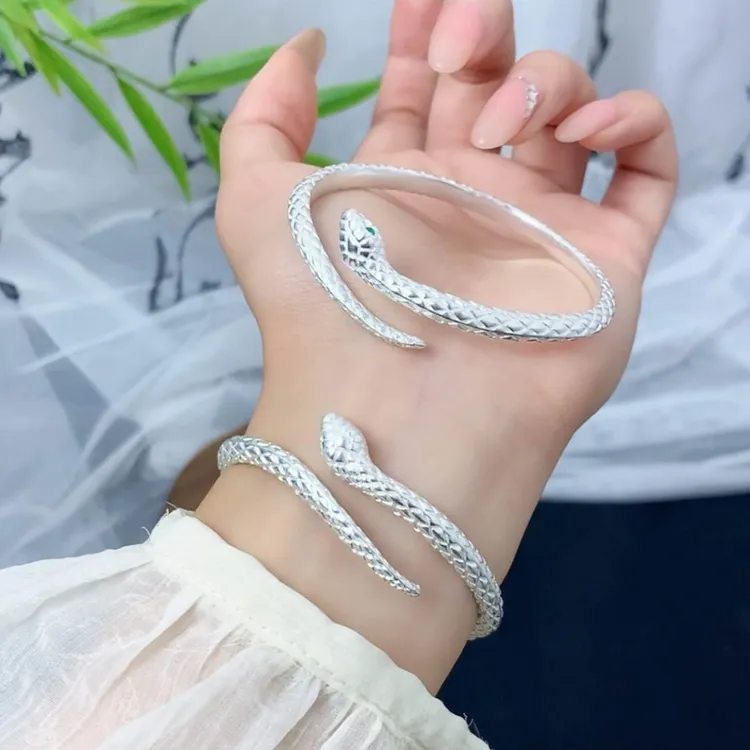 足银手镯 9999足银灵蛇开口手镯本命蛇年个性年轻款银镯子送女友