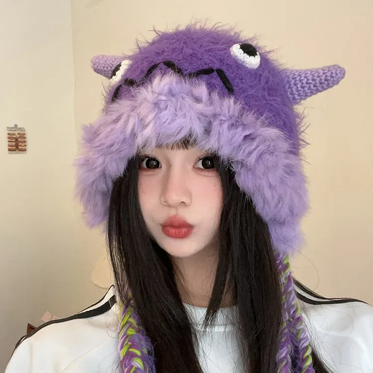 TIFICY冬季毛绒小怪兽帽子女洋气毛线帽小动物保暖新款针织帽子