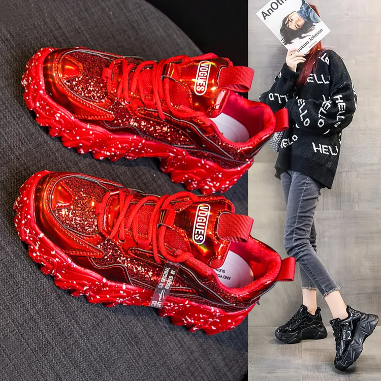 真皮婚鞋女本命过年配秀禾结婚老爹鞋厚底增高休闲运动红色新娘鞋