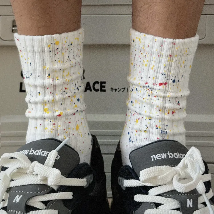 DEERHORNS日系泼墨毛巾底堆堆袜春秋男士透气运动百搭中筒长袜