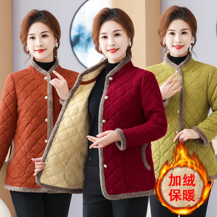 灯芯绒包边衣服小棉衣加绒妈妈装秋冬季新款小棉袄中老年女款棉服