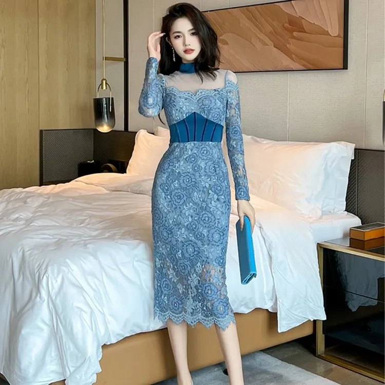 性感蕾丝轻奢气质长袖开叉复古时尚收腰包臀名媛女装连衣裙20767