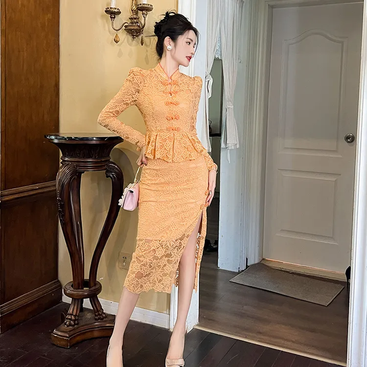 沐子的轻奢私藏【Mu/zi11211】时尚长袖修身气质复古中国风连衣裙