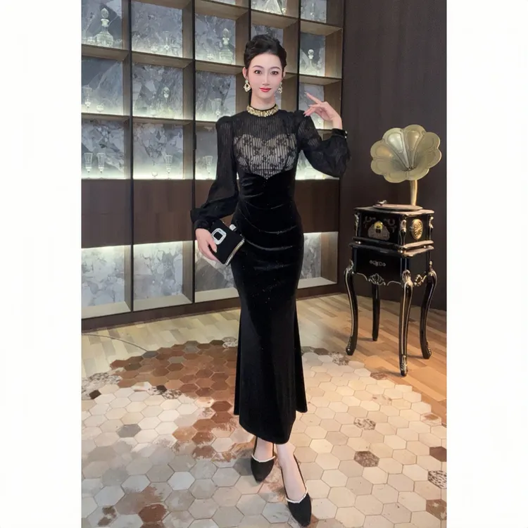21541收腰提臀款显瘦气质长袖轻奢时尚修身名媛宴会秋冬连衣裙